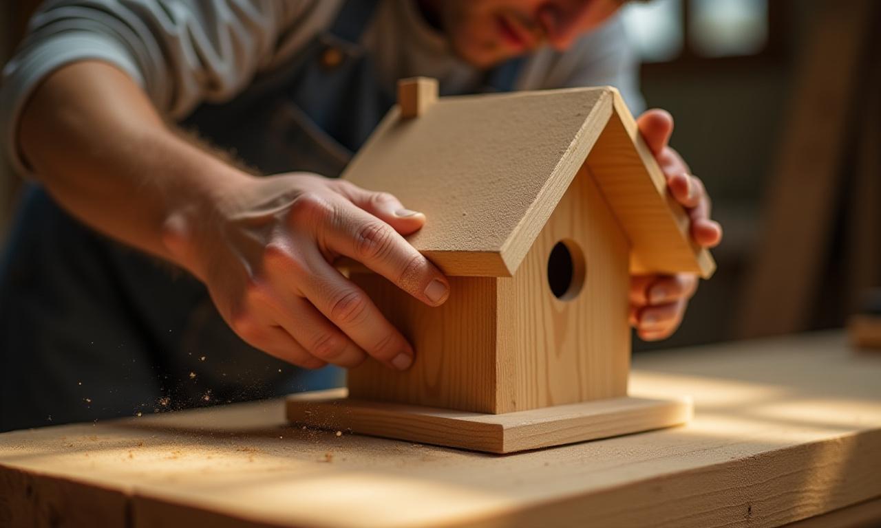 Artisan working on a wooden birdhouse