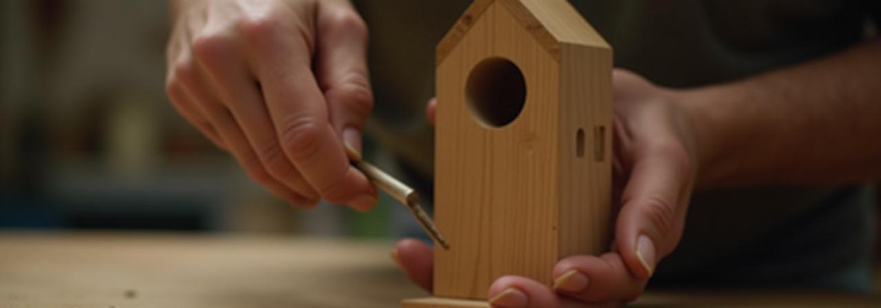 Artisan carving a birdhouse entrance hole