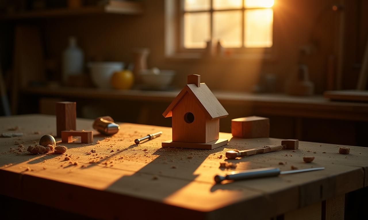 Woodworking tools and birdhouse components on a rustic workbench