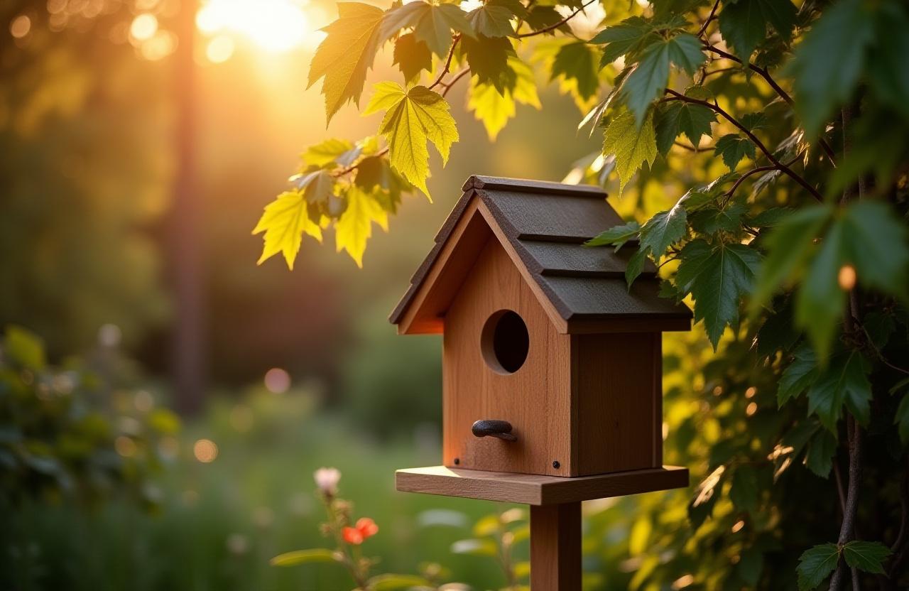 Artisanal birdhouse in a lush New York garden setting